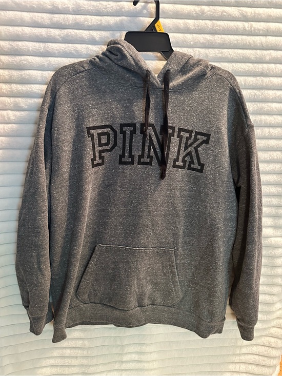 PINK Victoria's Secret Tops - PINK Victoria's Secret Heather Gray Hooded Sweatshirt with Black Logo